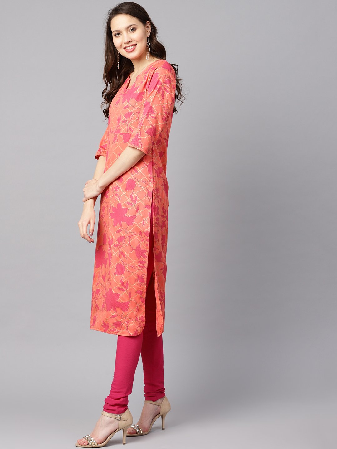 Women Peach-Coloured & Pink Printed Kurta With Churidar & Dupatta | LASVINI - Redefining Indian Fashion with Elegance