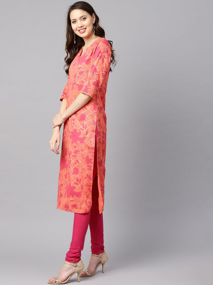 Women Peach-Coloured & Pink Printed Kurta With Churidar & Dupatta | LASVINI - Redefining Indian Fashion with Elegance
