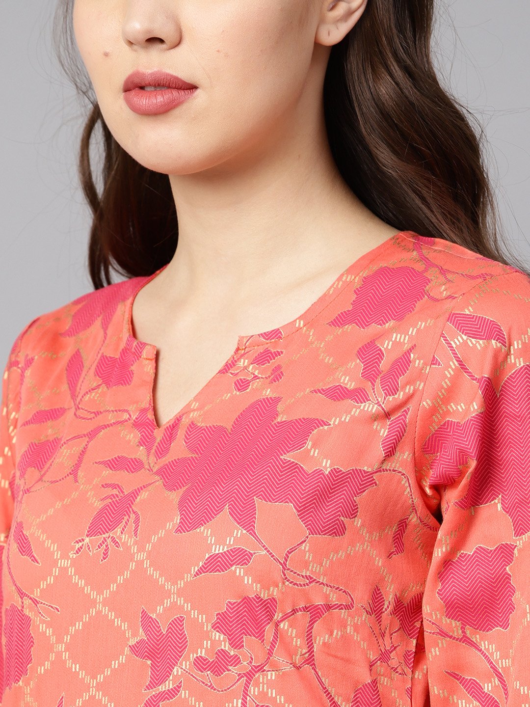 Women Peach-Coloured & Pink Printed Kurta With Churidar & Dupatta | LASVINI - Redefining Indian Fashion with Elegance