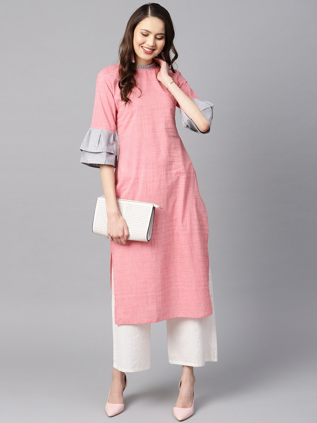 Light Pink Kurta With Pleated Neckline With Flared Sleeves | LASVINI - Redefining Indian Fashion with Elegance