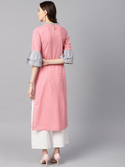 Light Pink Kurta With Pleated Neckline With Flared Sleeves | LASVINI - Redefining Indian Fashion with Elegance