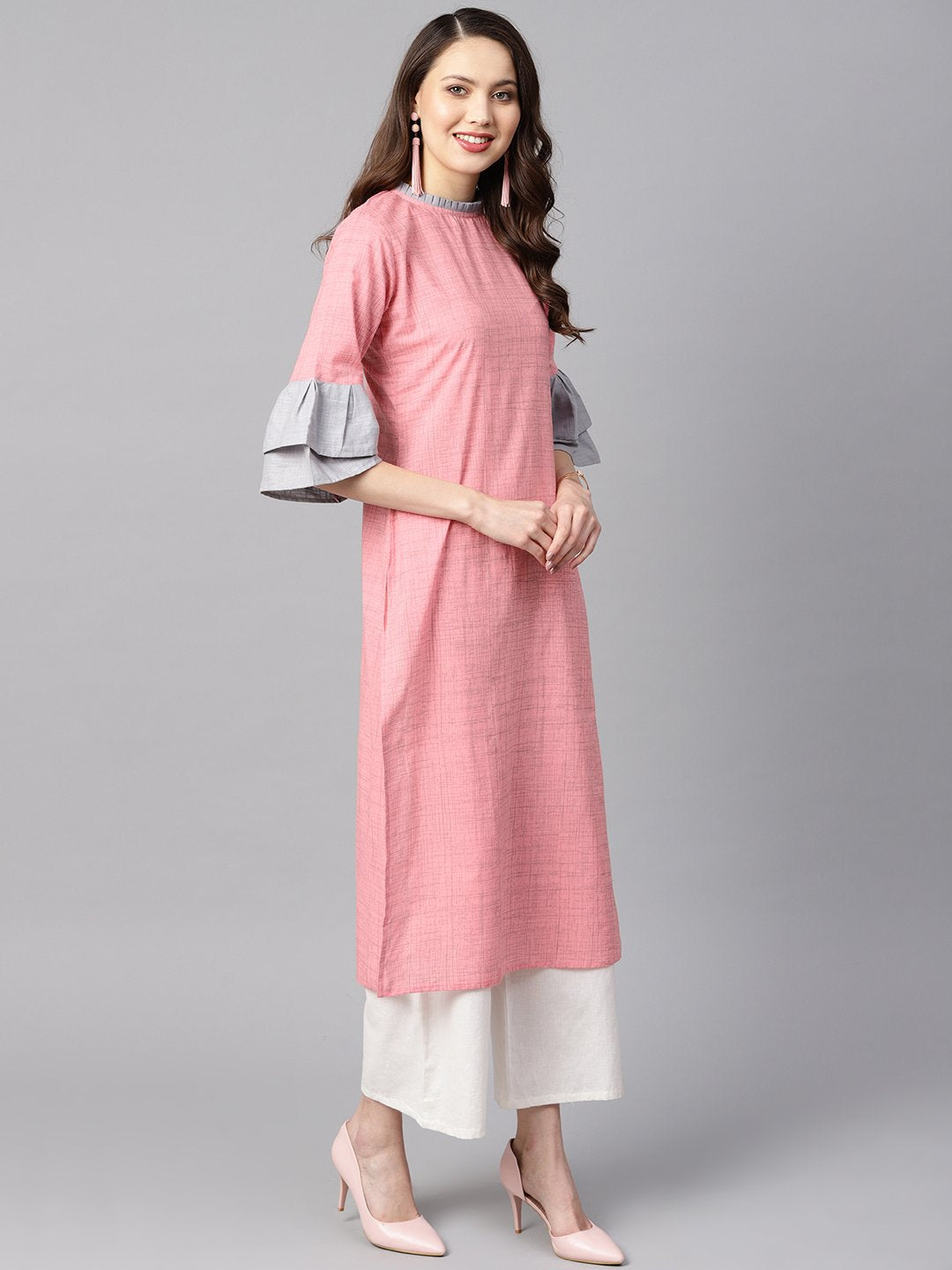 Light Pink Kurta With Pleated Neckline With Flared Sleeves | LASVINI - Redefining Indian Fashion with Elegance