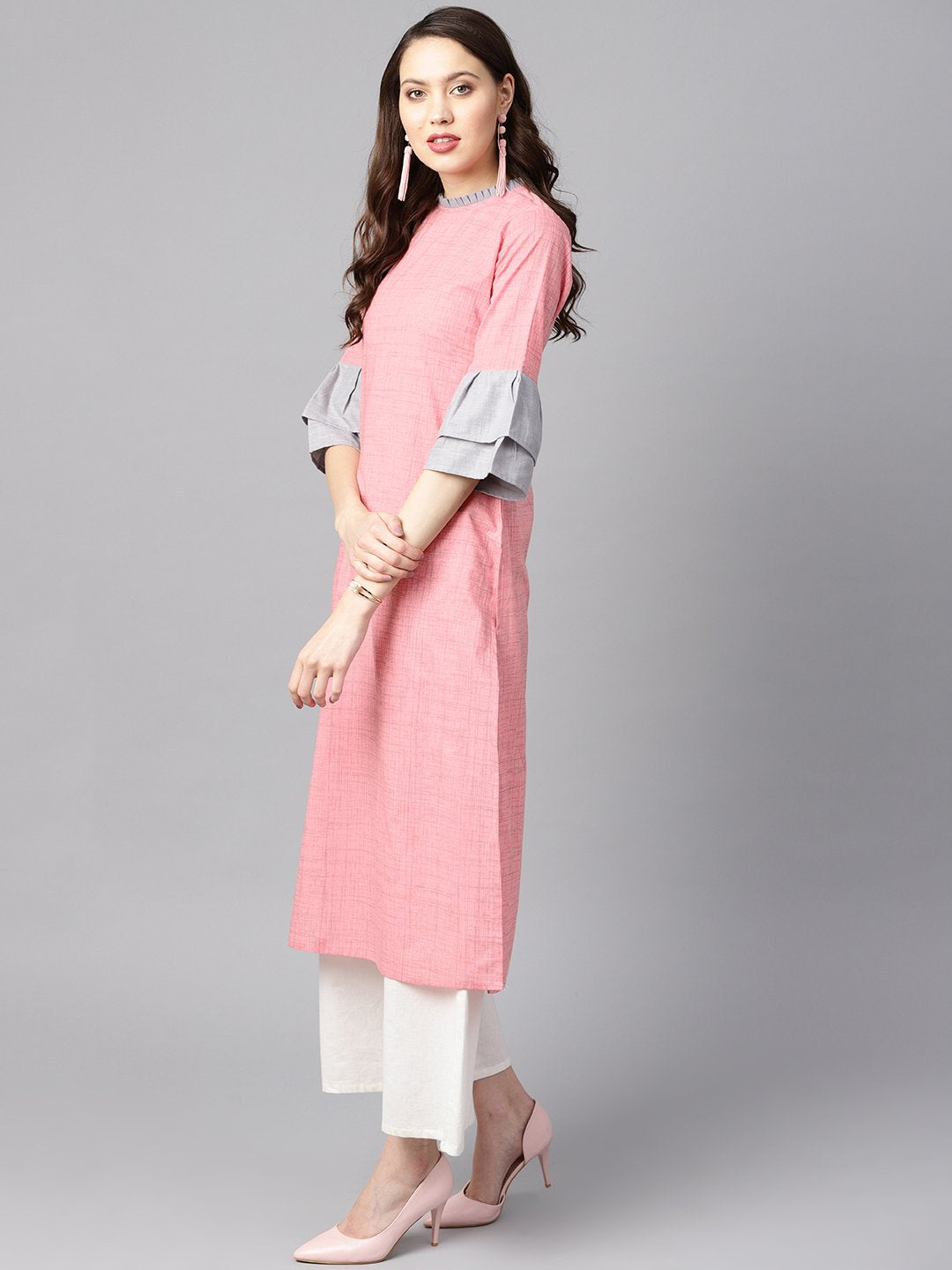 Light Pink Kurta With Pleated Neckline With Flared Sleeves | LASVINI - Redefining Indian Fashion with Elegance