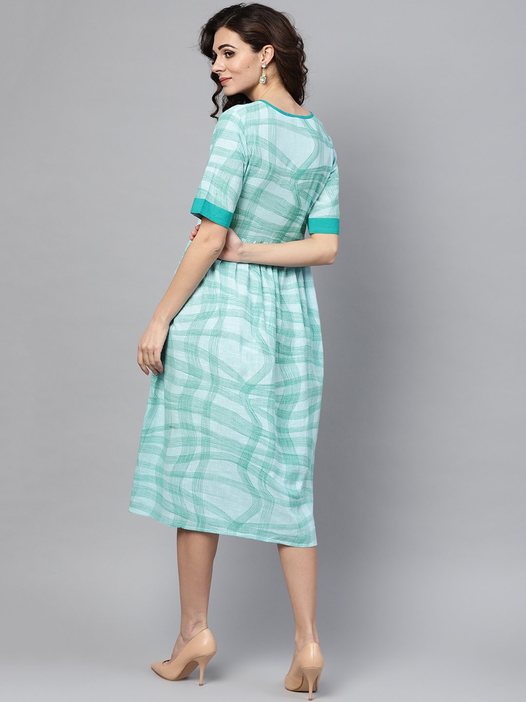 Sky Blue Printed Round Neck With Keyhole Half Sleeve Dress | LASVINI - Redefining Indian Fashion with Elegance