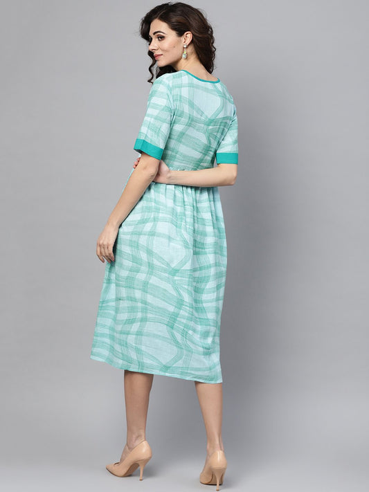 Sky Blue Printed Round Neck With Keyhole Half Sleeve Dress | LASVINI - Redefining Indian Fashion with Elegance