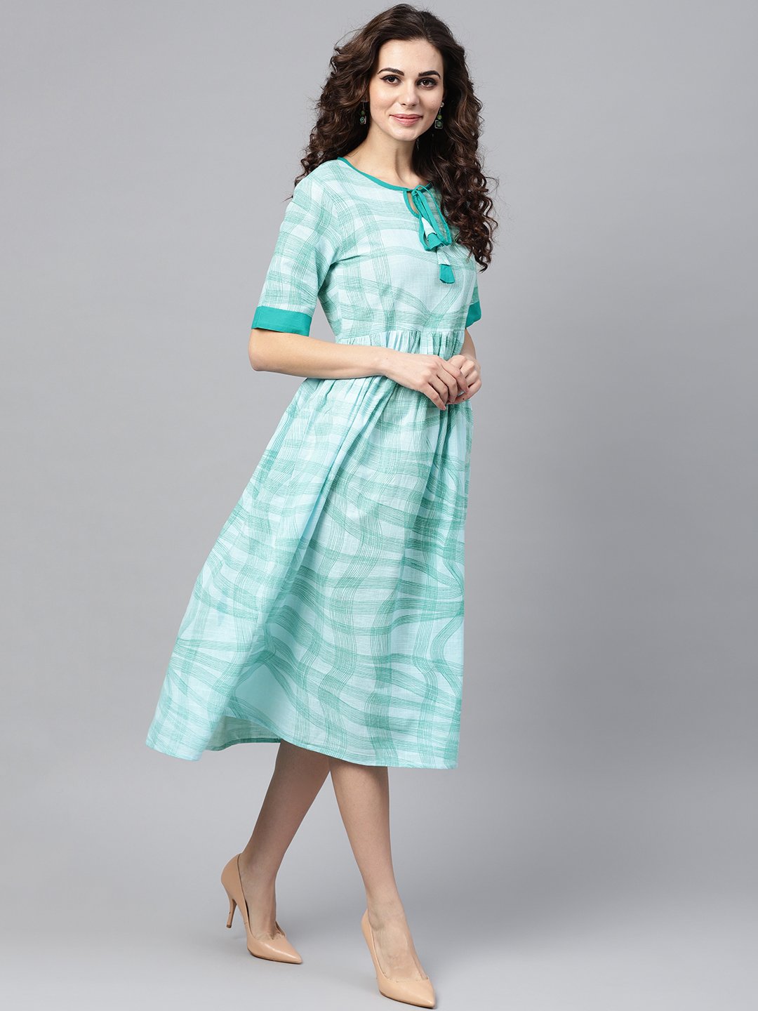 Sky Blue Printed Round Neck With Keyhole Half Sleeve Dress | LASVINI - Redefining Indian Fashion with Elegance