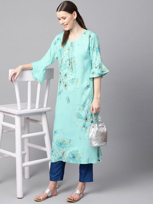 Sky Blue Floral Foil Printed Round Neck With V-Slit And Tassels Detailing Flared Sleeve Straight Kurta | LASVINI - Redefining Indian Fashion with Elegance