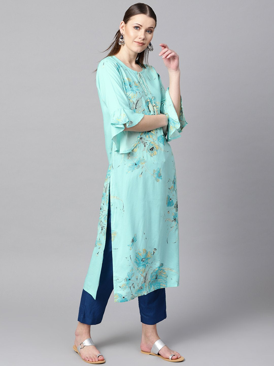 Sky Blue Floral Foil Printed Round Neck With V-Slit And Tassels Detailing Flared Sleeve Straight Kurta | LASVINI - Redefining Indian Fashion with Elegance