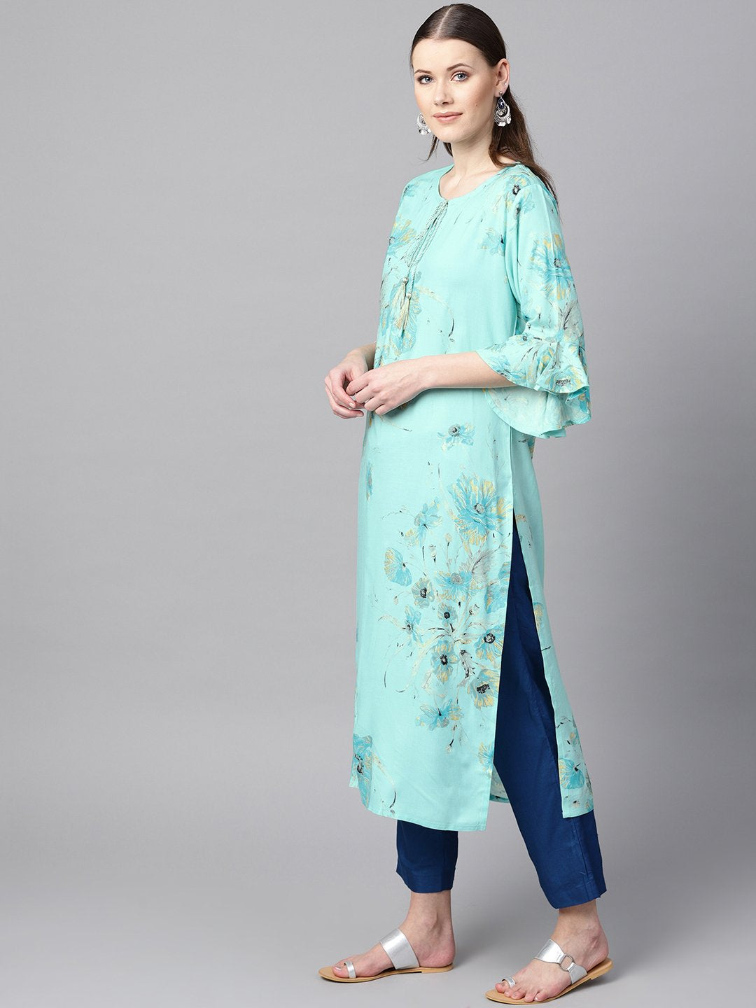 Sky Blue Floral Foil Printed Round Neck With V-Slit And Tassels Detailing Flared Sleeve Straight Kurta | LASVINI - Redefining Indian Fashion with Elegance