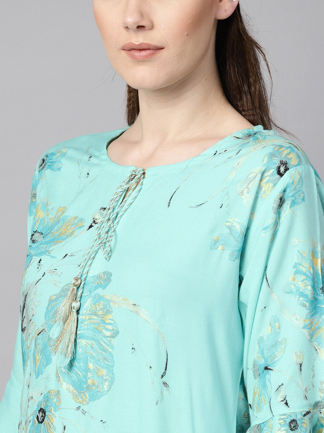Sky Blue Floral Foil Printed Round Neck With V-Slit And Tassels Detailing Flared Sleeve Straight Kurta | LASVINI - Redefining Indian Fashion with Elegance