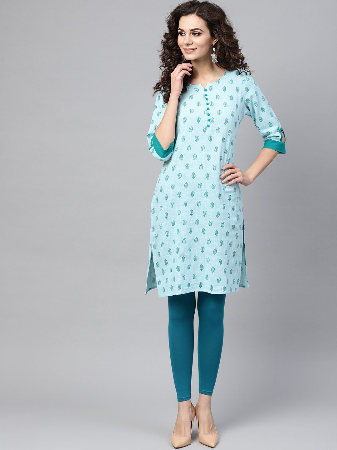 Sky Blue Round Neck With Button Detailing 3/4Th Sleeve Kurta | LASVINI - Redefining Indian Fashion with Elegance