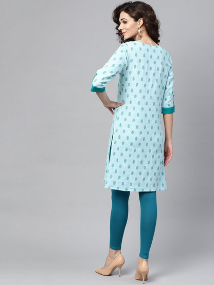 Sky Blue Round Neck With Button Detailing 3/4Th Sleeve Kurta | LASVINI - Redefining Indian Fashion with Elegance