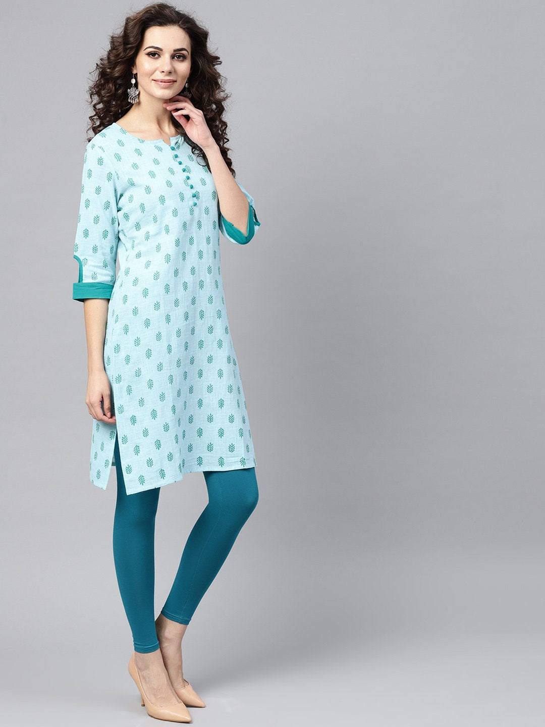 Sky Blue Round Neck With Button Detailing 3/4Th Sleeve Kurta | LASVINI - Redefining Indian Fashion with Elegance