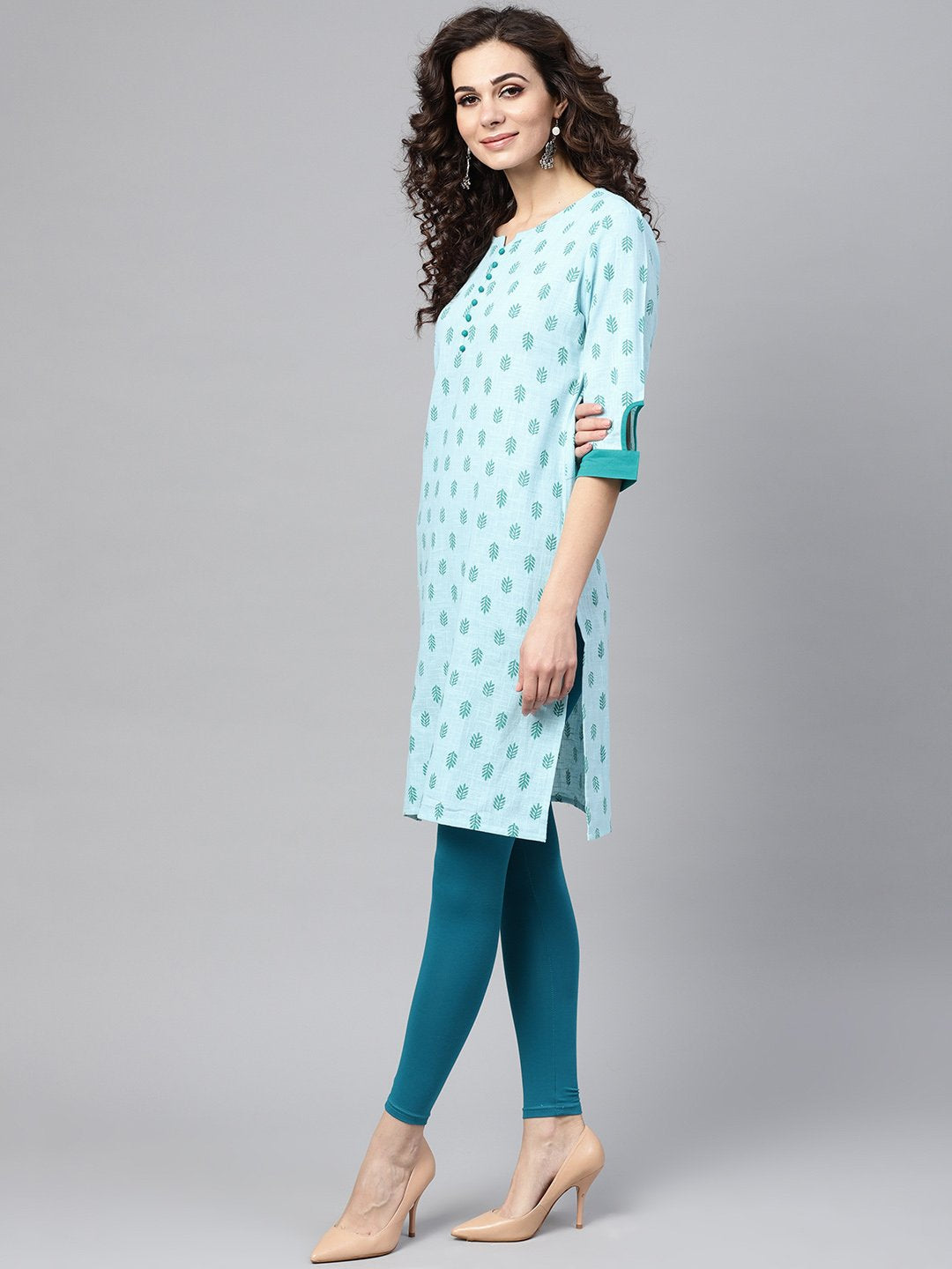 Sky Blue Round Neck With Button Detailing 3/4Th Sleeve Kurta | LASVINI - Redefining Indian Fashion with Elegance
