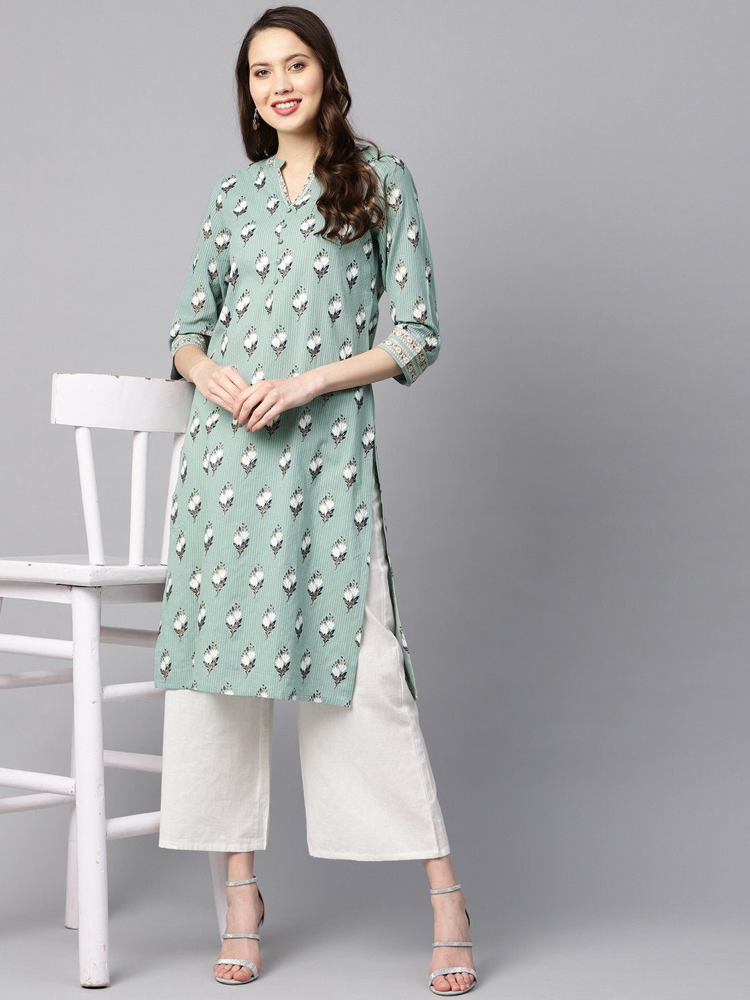 Green Kantha Floral Gold Print 3/4Th Sleeve Chinese Collar With Button And Cuff Detailing Kurta. | LASVINI - Redefining Indian Fashion with Elegance