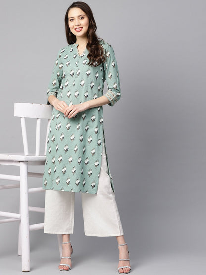 Green Kantha Floral Gold Print 3/4Th Sleeve Chinese Collar With Button And Cuff Detailing Kurta. | LASVINI - Redefining Indian Fashion with Elegance
