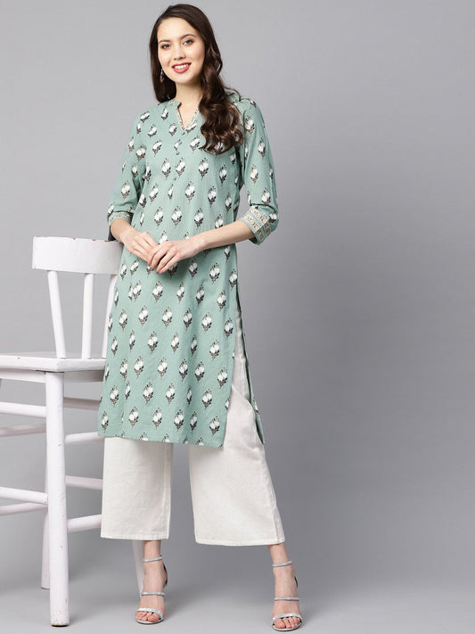 Green Kantha Floral Gold Print 3/4Th Sleeve Chinese Collar With Button And Cuff Detailing Kurta. | LASVINI - Redefining Indian Fashion with Elegance