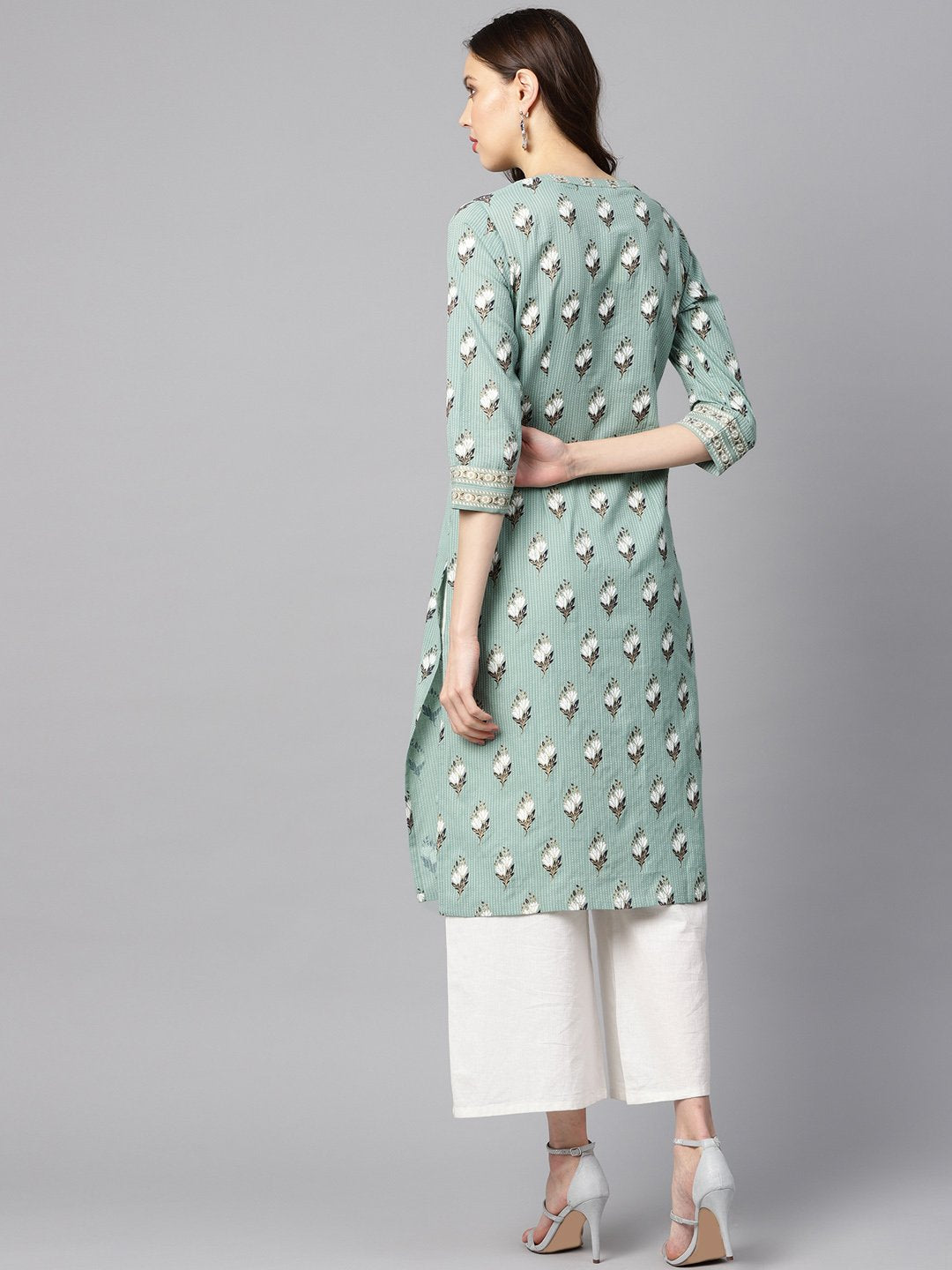 Green Kantha Floral Gold Print 3/4Th Sleeve Chinese Collar With Button And Cuff Detailing Kurta. | LASVINI - Redefining Indian Fashion with Elegance