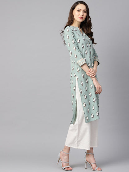 Green Kantha Floral Gold Print 3/4Th Sleeve Chinese Collar With Button And Cuff Detailing Kurta. | LASVINI - Redefining Indian Fashion with Elegance