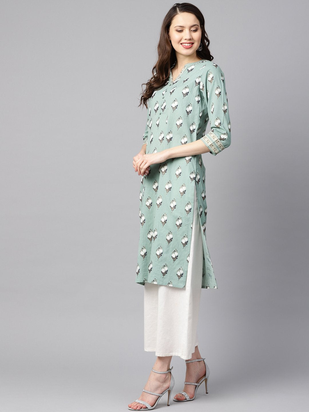 Green Kantha Floral Gold Print 3/4Th Sleeve Chinese Collar With Button And Cuff Detailing Kurta. | LASVINI - Redefining Indian Fashion with Elegance