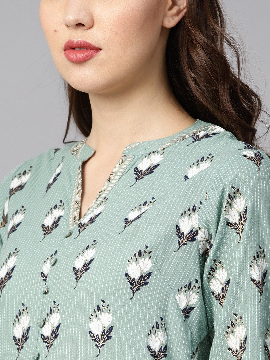 Green Kantha Floral Gold Print 3/4Th Sleeve Chinese Collar With Button And Cuff Detailing Kurta. | LASVINI - Redefining Indian Fashion with Elegance