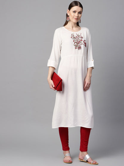 White Color Solid Round Neck A-Line Kurta With Embroidered Yoke. | LASVINI - Redefining Indian Fashion with Elegance