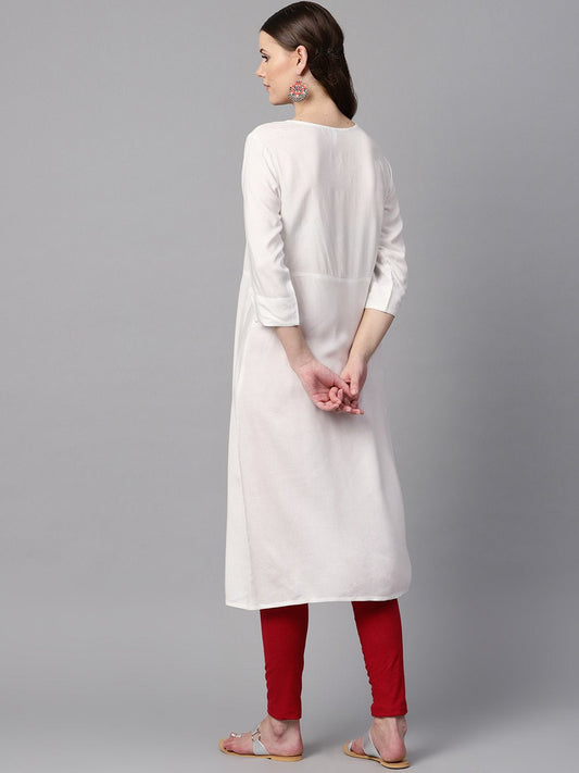 White Color Solid Round Neck A-Line Kurta With Embroidered Yoke. | LASVINI - Redefining Indian Fashion with Elegance