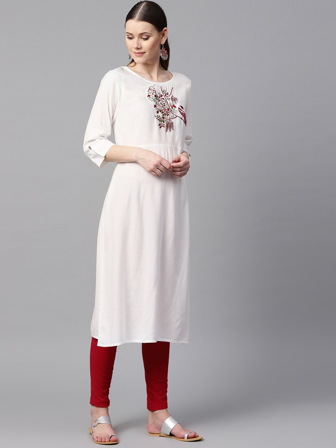 White Color Solid Round Neck A-Line Kurta With Embroidered Yoke. | LASVINI - Redefining Indian Fashion with Elegance
