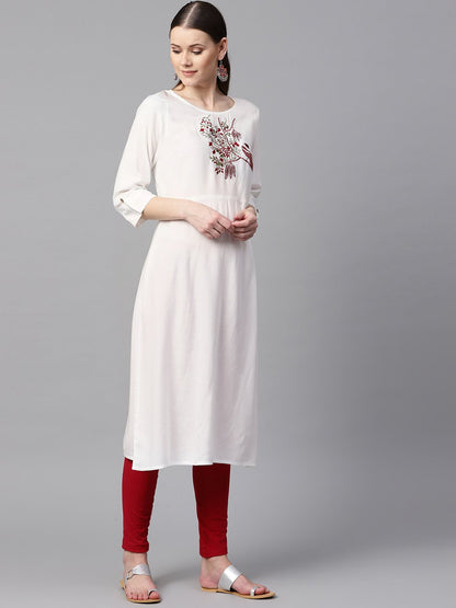 White Color Solid Round Neck A-Line Kurta With Embroidered Yoke. | LASVINI - Redefining Indian Fashion with Elegance