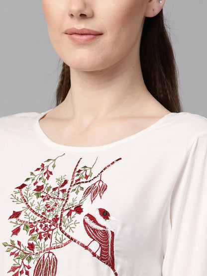 White Color Solid Round Neck A-Line Kurta With Embroidered Yoke. | LASVINI - Redefining Indian Fashion with Elegance