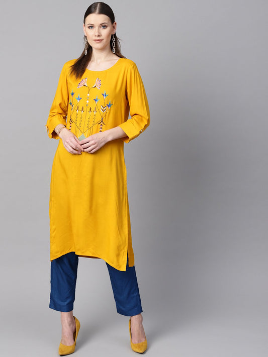 Mustard Yellow Round Neck Embroidered Kurta With Cuff And Loop Detailing Sleeves. | LASVINI - Redefining Indian Fashion with Elegance