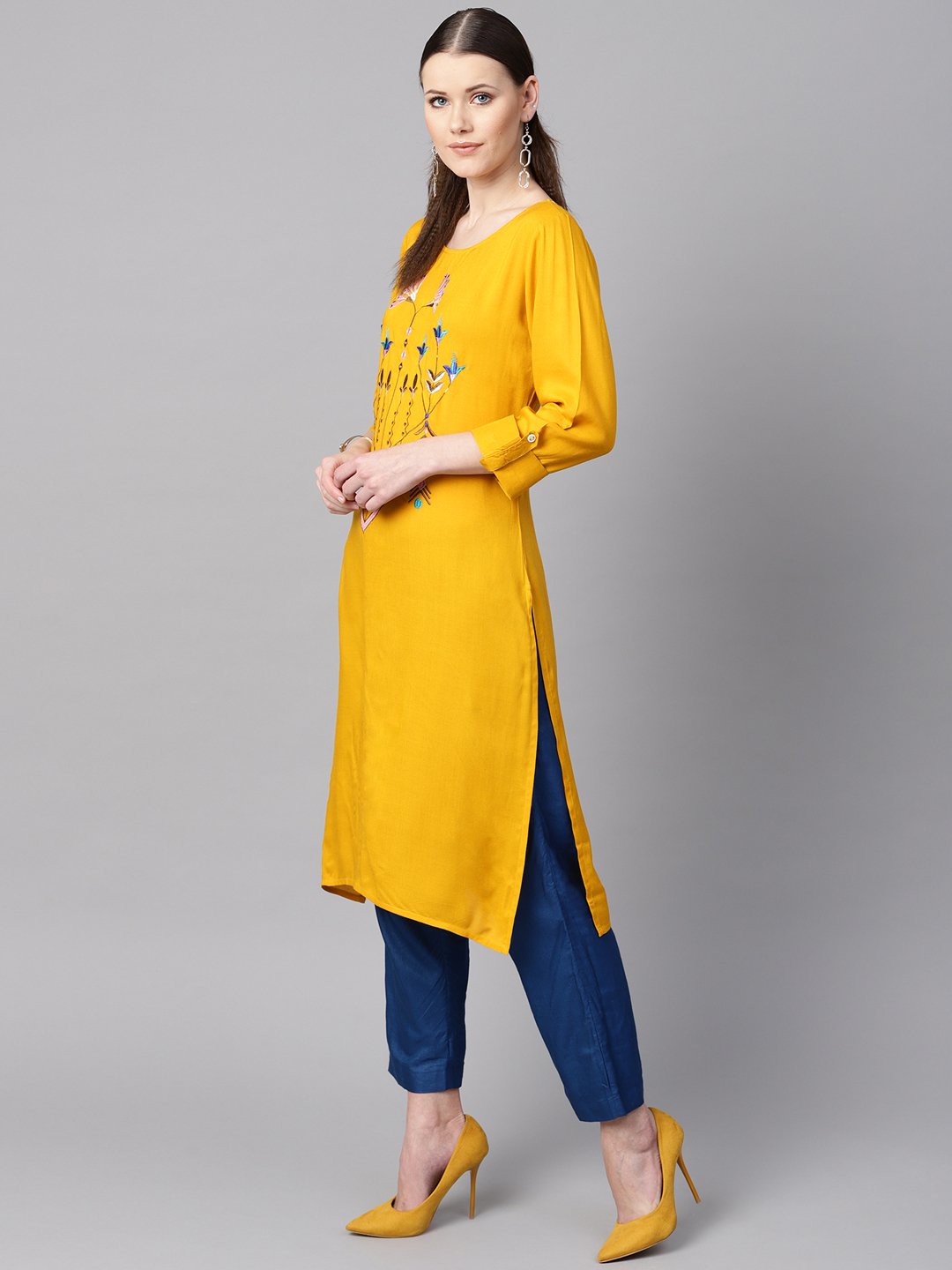 Mustard Yellow Round Neck Embroidered Kurta With Cuff And Loop Detailing Sleeves. | LASVINI - Redefining Indian Fashion with Elegance