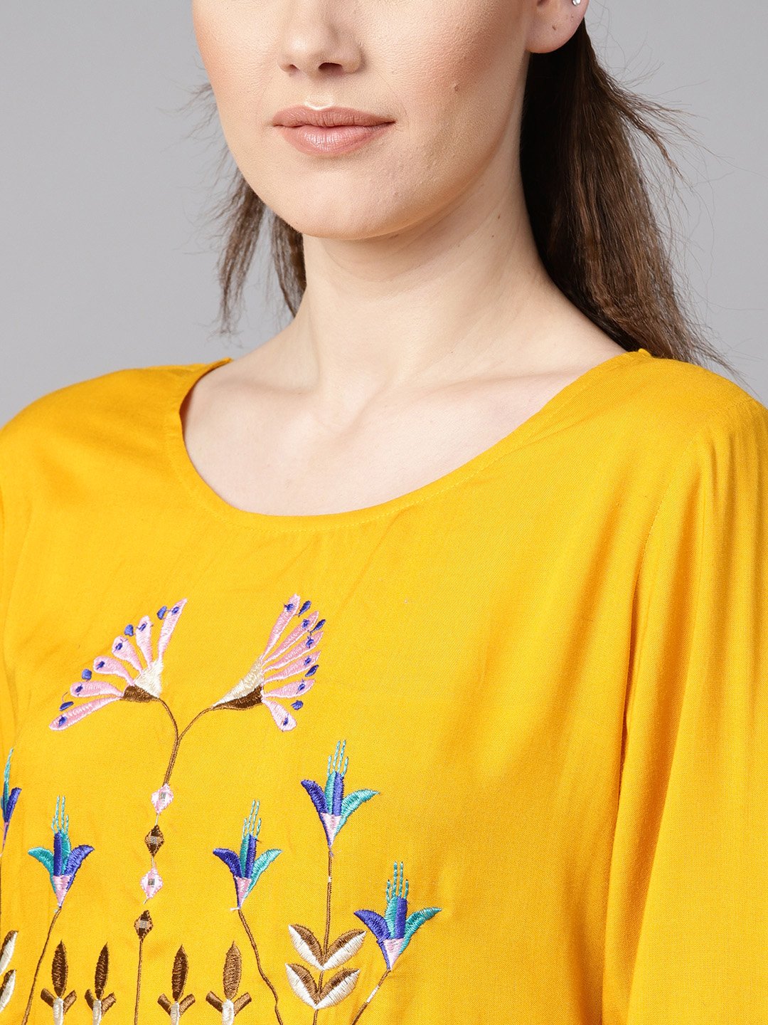 Mustard Yellow Round Neck Embroidered Kurta With Cuff And Loop Detailing Sleeves. | LASVINI - Redefining Indian Fashion with Elegance