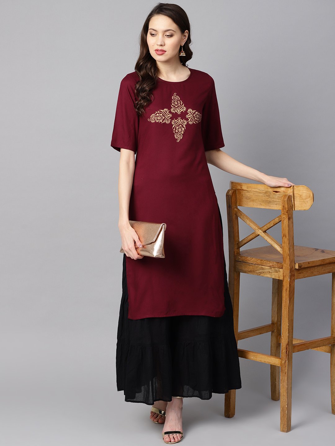 Burgundy Color Block Printed Half Sleeve Straight Kurta | LASVINI - Redefining Indian Fashion with Elegance
