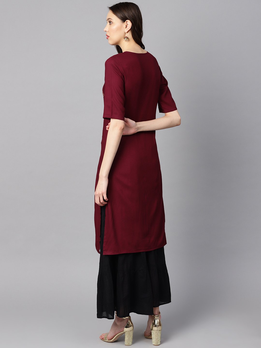 Burgundy Color Block Printed Half Sleeve Straight Kurta | LASVINI - Redefining Indian Fashion with Elegance