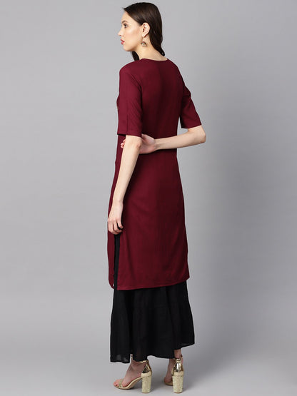 Burgundy Color Block Printed Half Sleeve Straight Kurta | LASVINI - Redefining Indian Fashion with Elegance