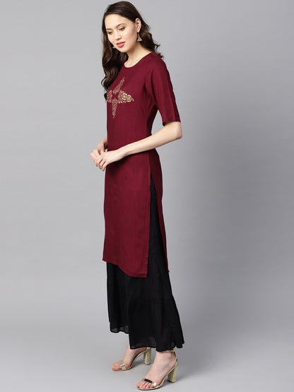 Burgundy Color Block Printed Half Sleeve Straight Kurta | LASVINI - Redefining Indian Fashion with Elegance