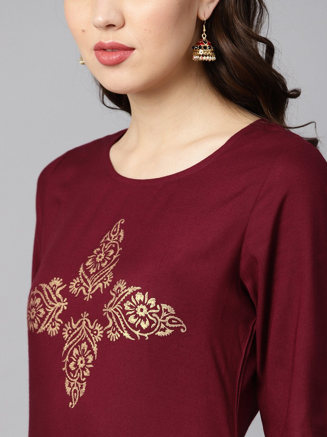 Burgundy Color Block Printed Half Sleeve Straight Kurta | LASVINI - Redefining Indian Fashion with Elegance