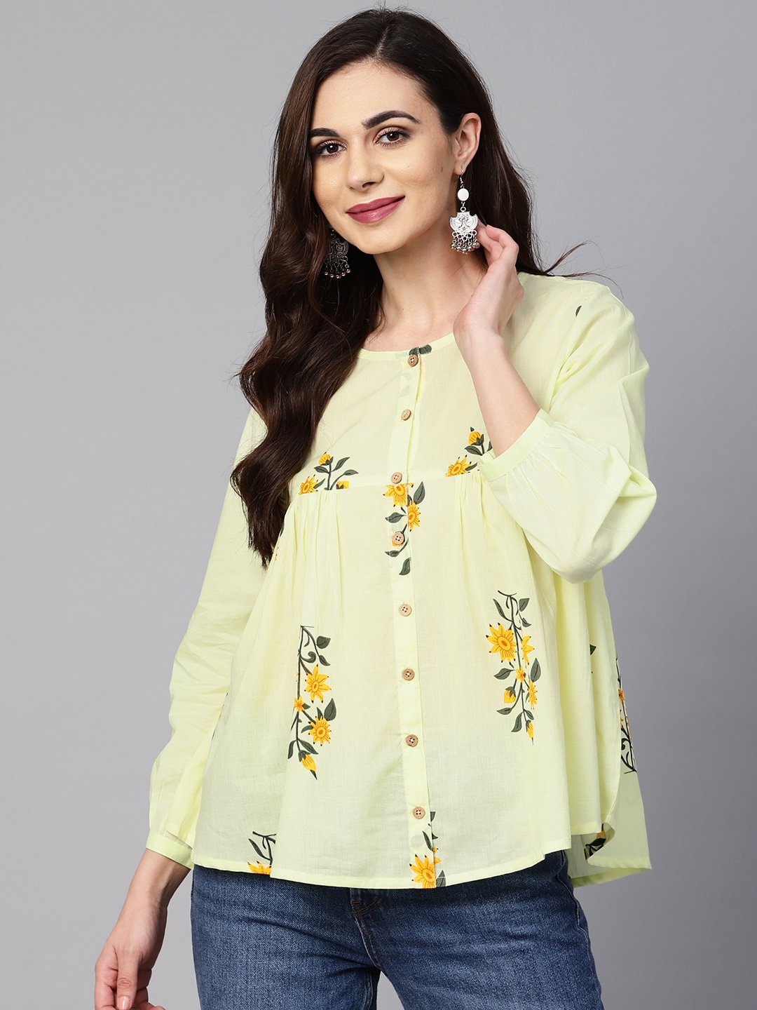 Lemon Yellow Color Floral Printed Tunic | LASVINI - Redefining Indian Fashion with Elegance