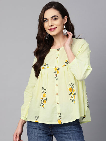Lemon Yellow Color Floral Printed Tunic | LASVINI - Redefining Indian Fashion with Elegance