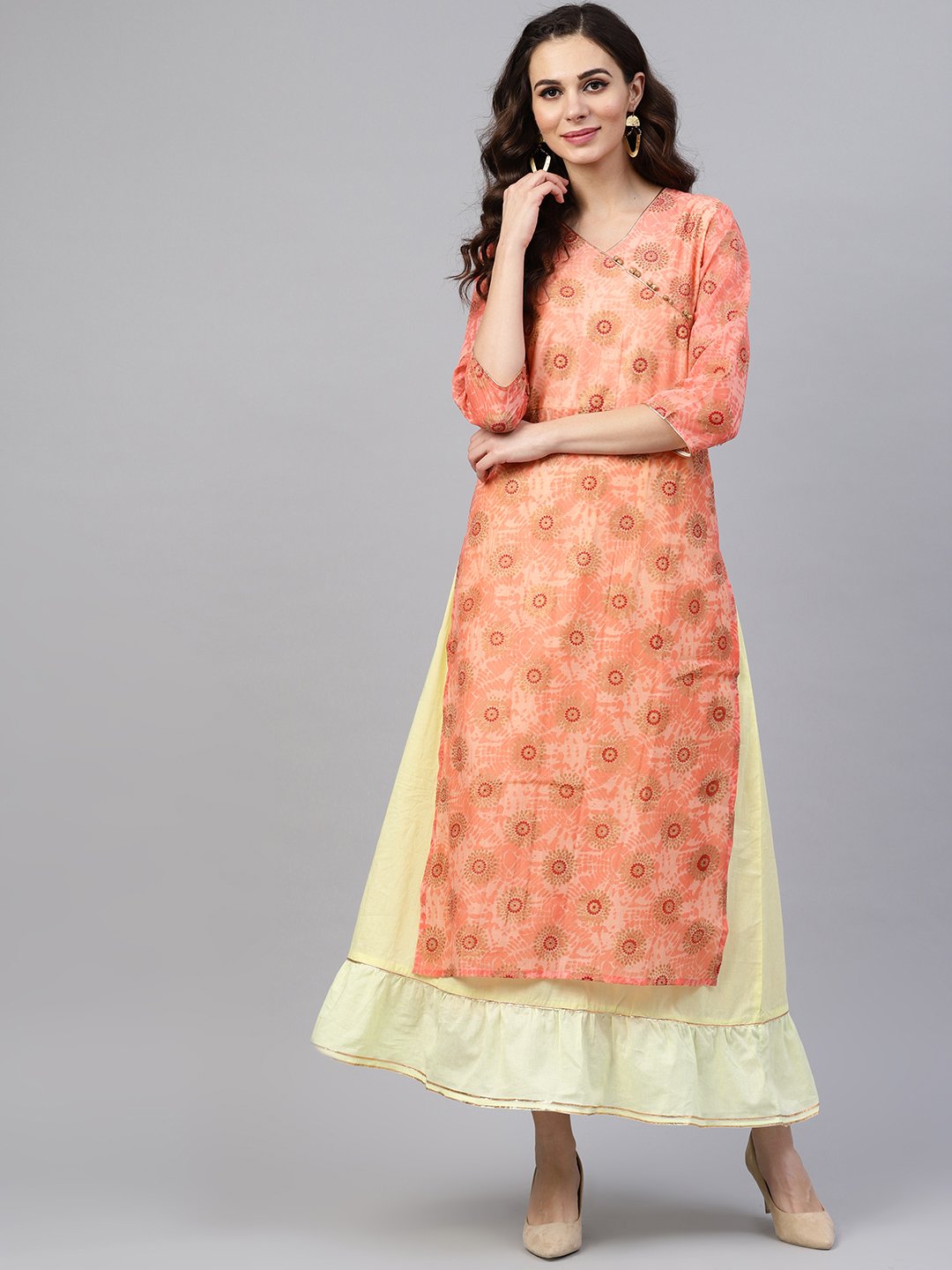 Pink Printed Maxi Dress With V Neck And Gotta Detailing | LASVINI - Redefining Indian Fashion with Elegance