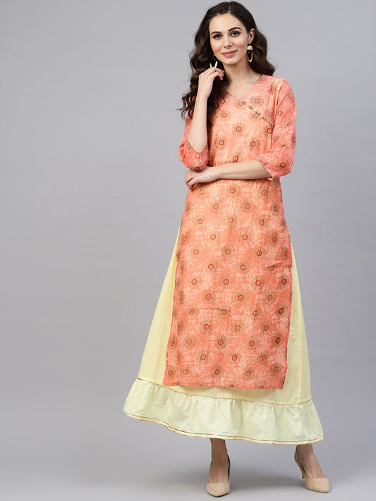 Pink Printed Maxi Dress With V Neck And Gotta Detailing | LASVINI - Redefining Indian Fashion with Elegance