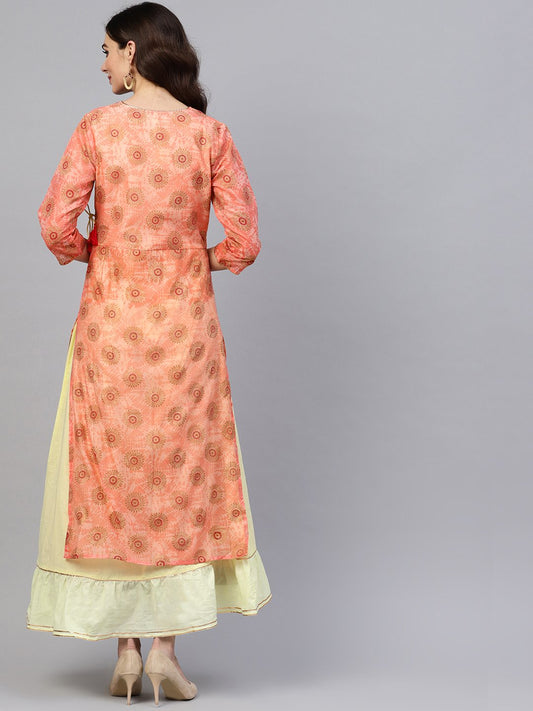 Pink Printed Maxi Dress With V Neck And Gotta Detailing | LASVINI - Redefining Indian Fashion with Elegance