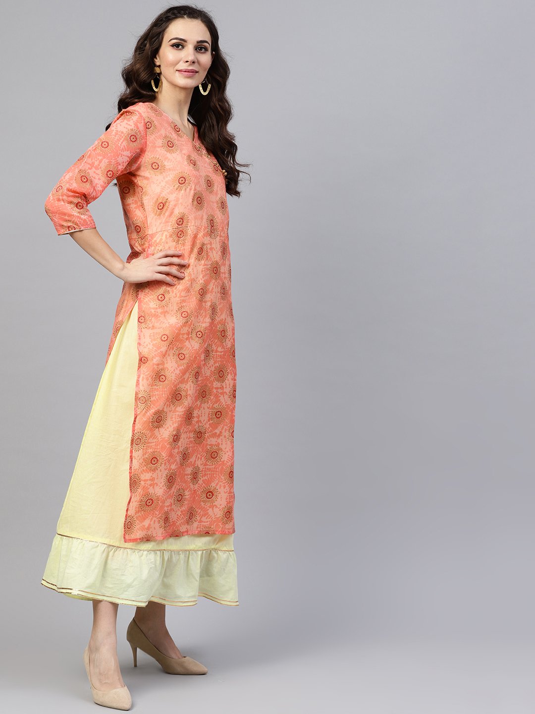 Pink Printed Maxi Dress With V Neck And Gotta Detailing | LASVINI - Redefining Indian Fashion with Elegance