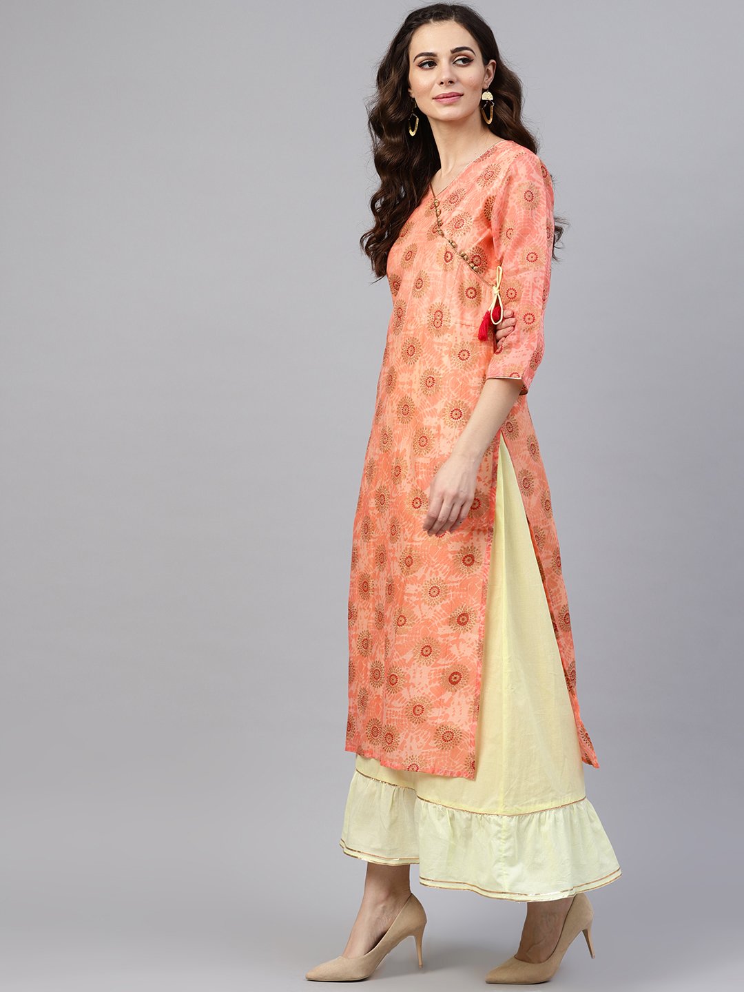 Pink Printed Maxi Dress With V Neck And Gotta Detailing | LASVINI - Redefining Indian Fashion with Elegance