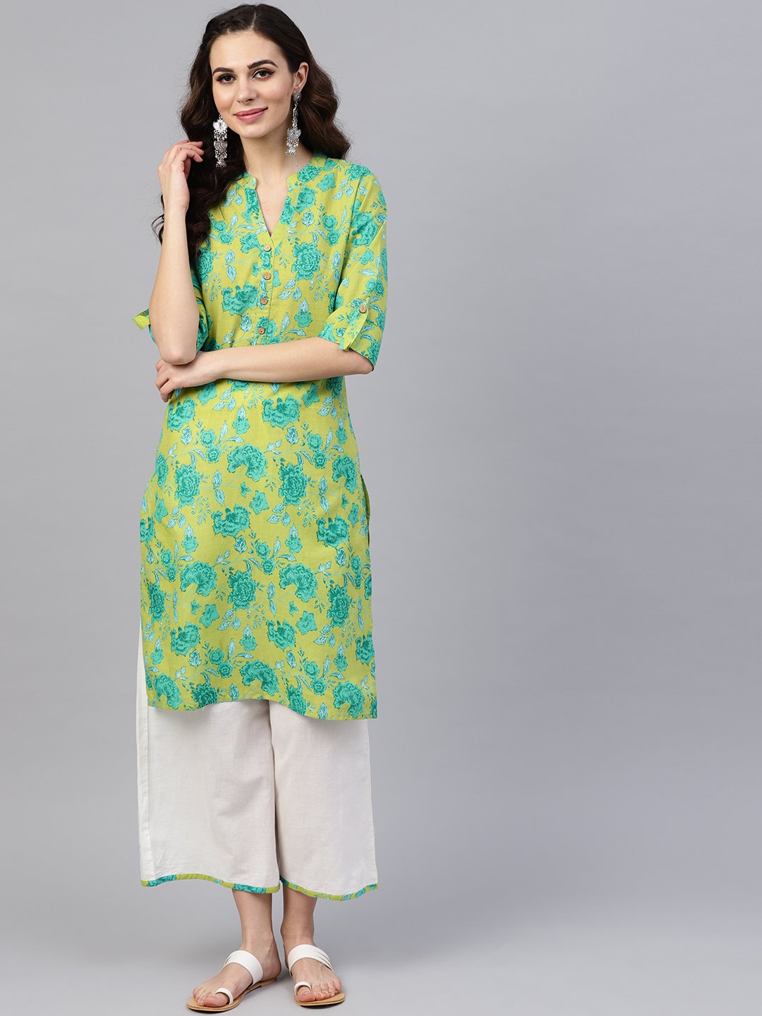 Fluorescent Green & Blue Floral Printed Kurta Set With White Palazzo With Print Detailing | LASVINI - Redefining Indian Fashion with Elegance