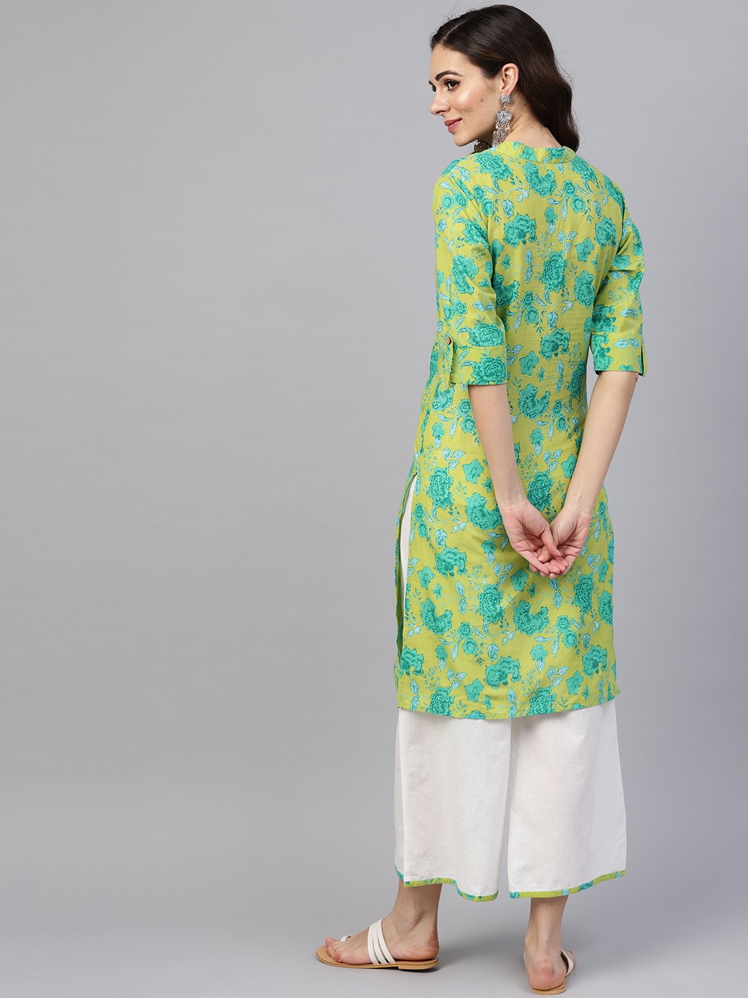 Fluorescent Green & Blue Floral Printed Kurta Set With White Palazzo With Print Detailing | LASVINI - Redefining Indian Fashion with Elegance