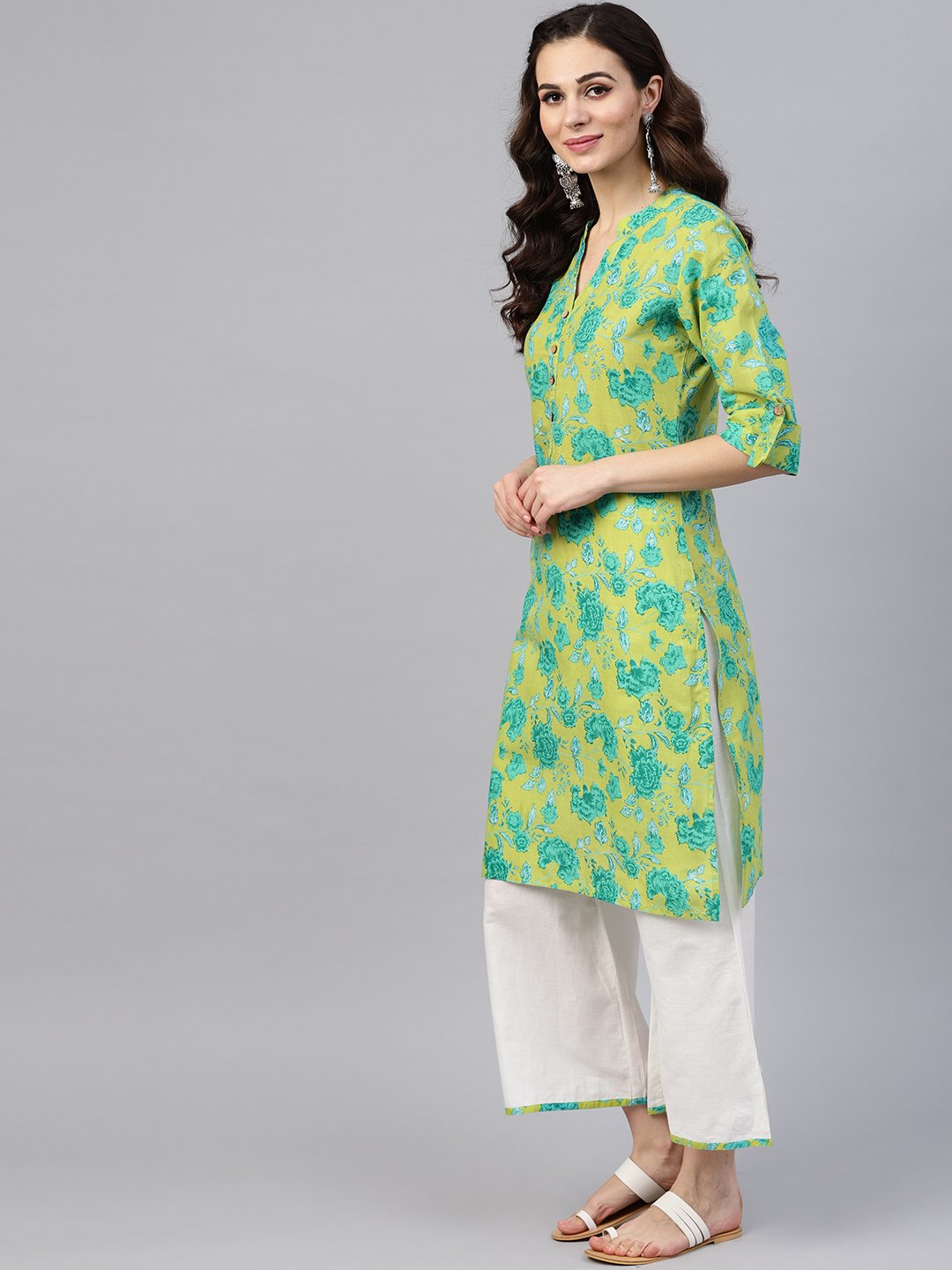 Fluorescent Green & Blue Floral Printed Kurta Set With White Palazzo With Print Detailing | LASVINI - Redefining Indian Fashion with Elegance