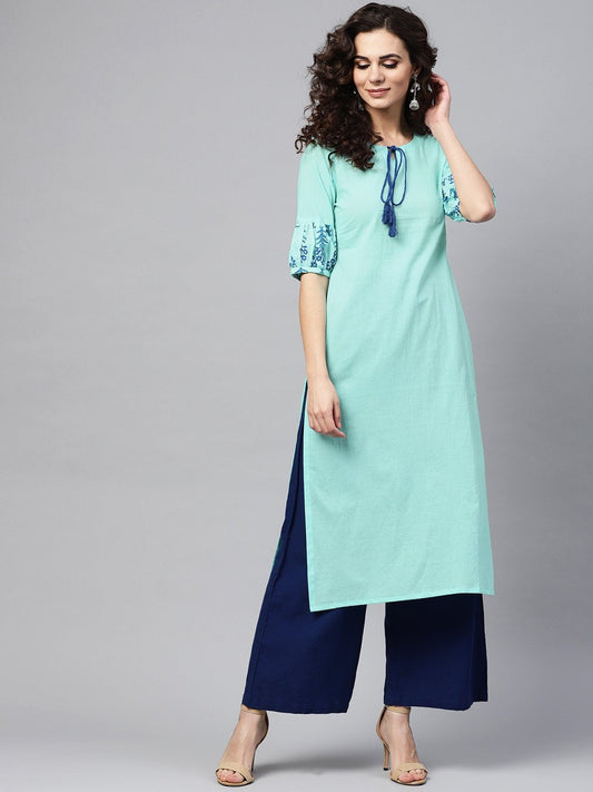 Light Blue Straight Kurta With Key Hole Neck & Printed Detailed Sleeves | LASVINI - Redefining Indian Fashion with Elegance