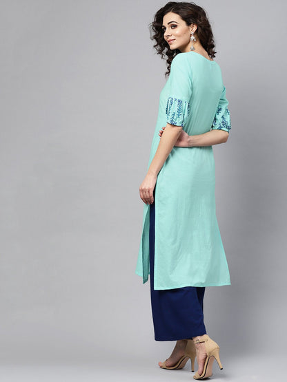Light Blue Straight Kurta With Key Hole Neck & Printed Detailed Sleeves | LASVINI - Redefining Indian Fashion with Elegance
